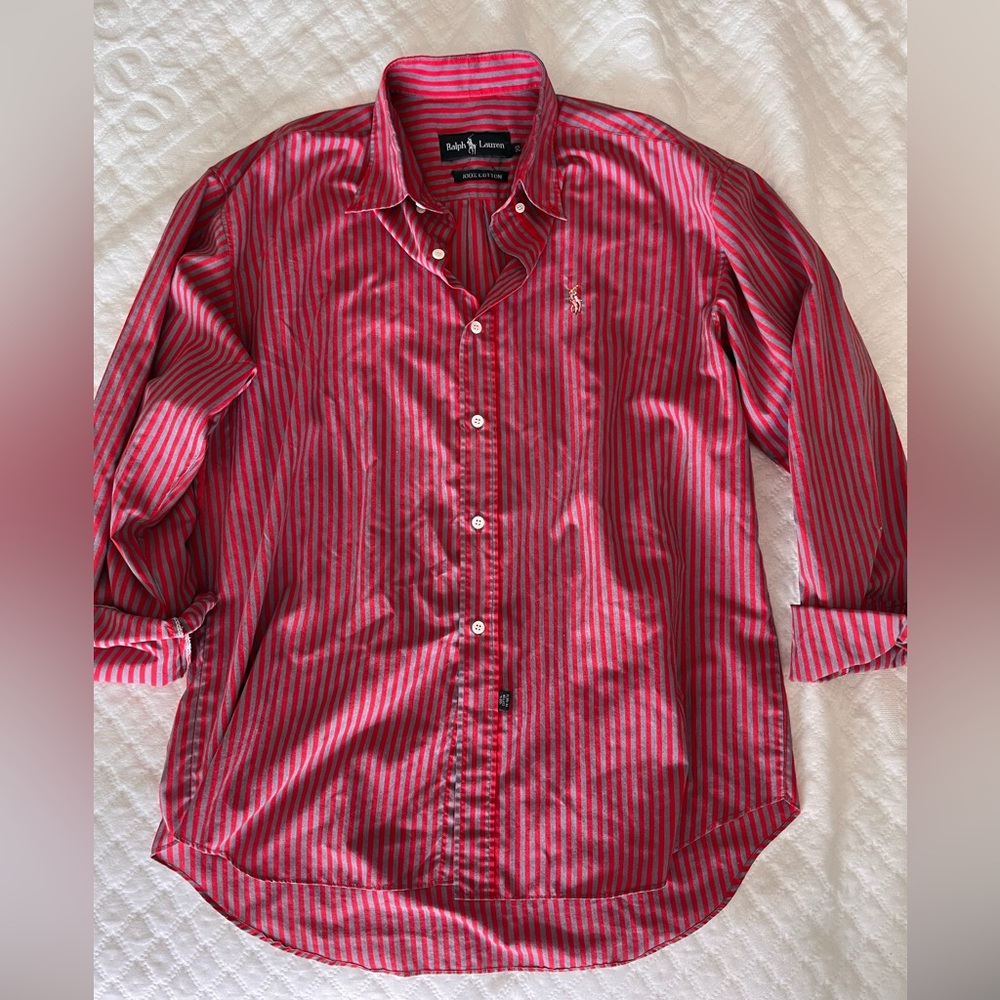 Ralph Lauren Red & Gray Striped Button-Down; fits like oversized L/XL women